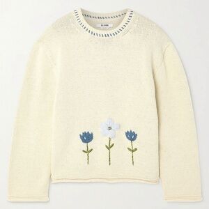 Re/Done 50s Floral Embroidered Cream Crewneck Knit Sweater Size M